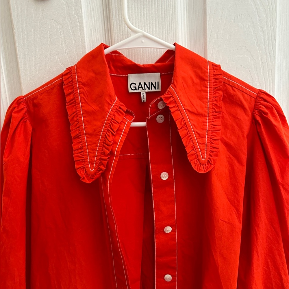 Ganni Bright Red Puff-Sleeve Button-Up Shirt - Picture 3 of 3